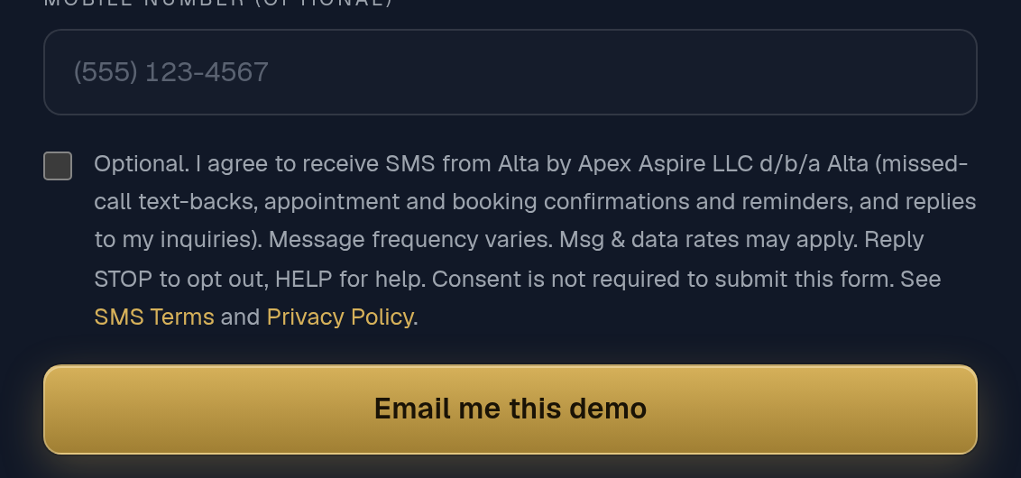 Home page demo form with the optional SMS consent checkbox unchecked