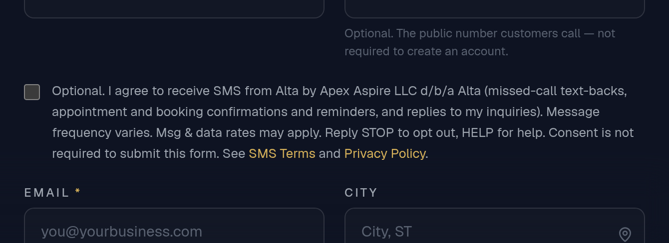 Signup form with the optional SMS consent checkbox unchecked